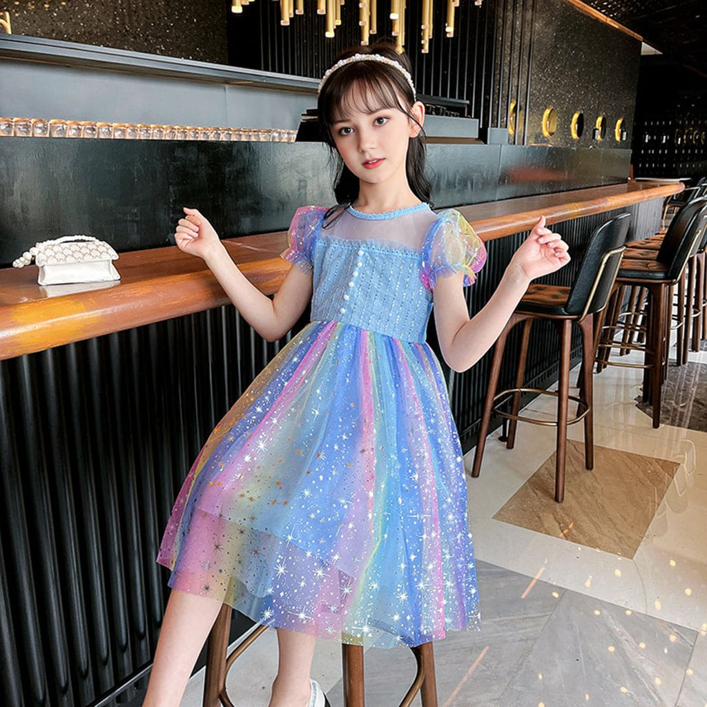 Girls Embellished Puff Sleeves Party Wear Dress Party Dresses Blue 3-4 Y 