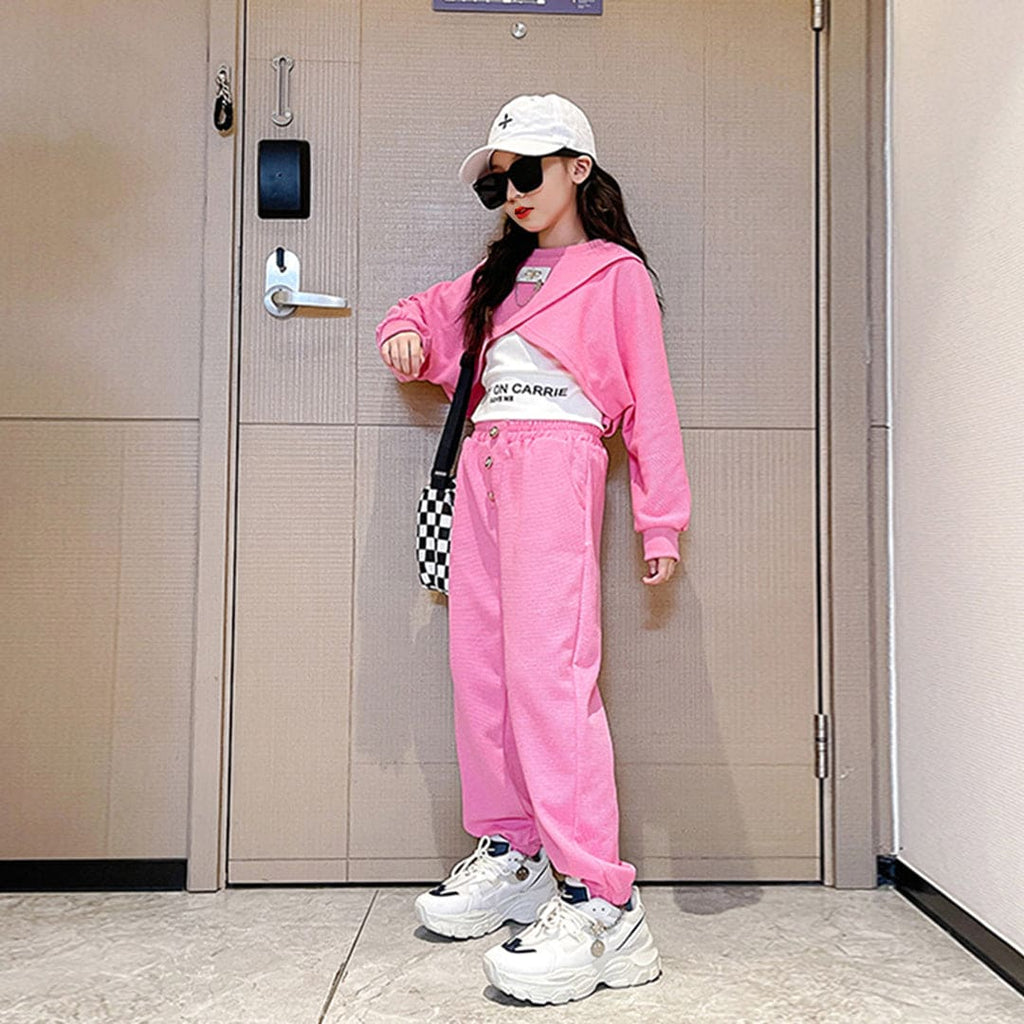 Girls Pink Tank Top with Tulip Crop Jumper & Trackpants Set Sets   