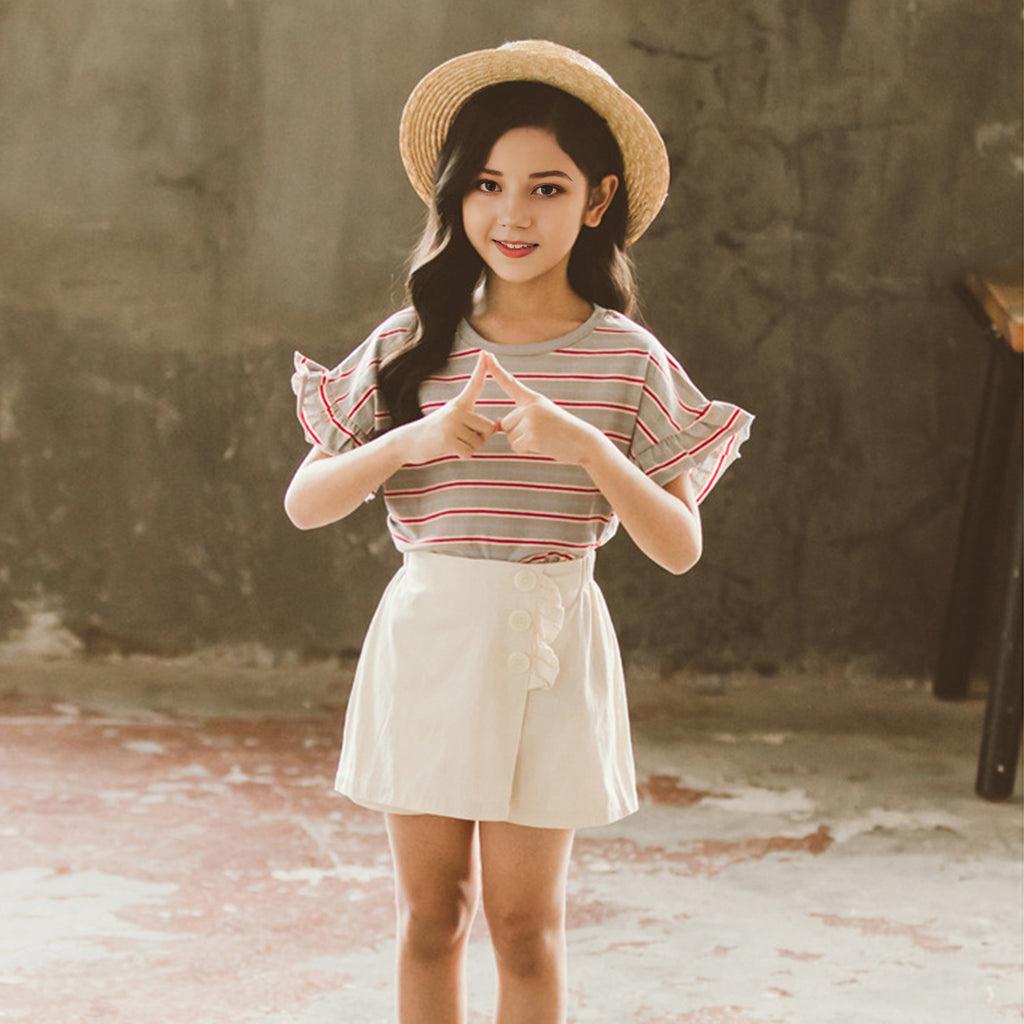 Girls Striped Flared Sleeves Top With Skorts Set Sets Beige 3-4 Y 