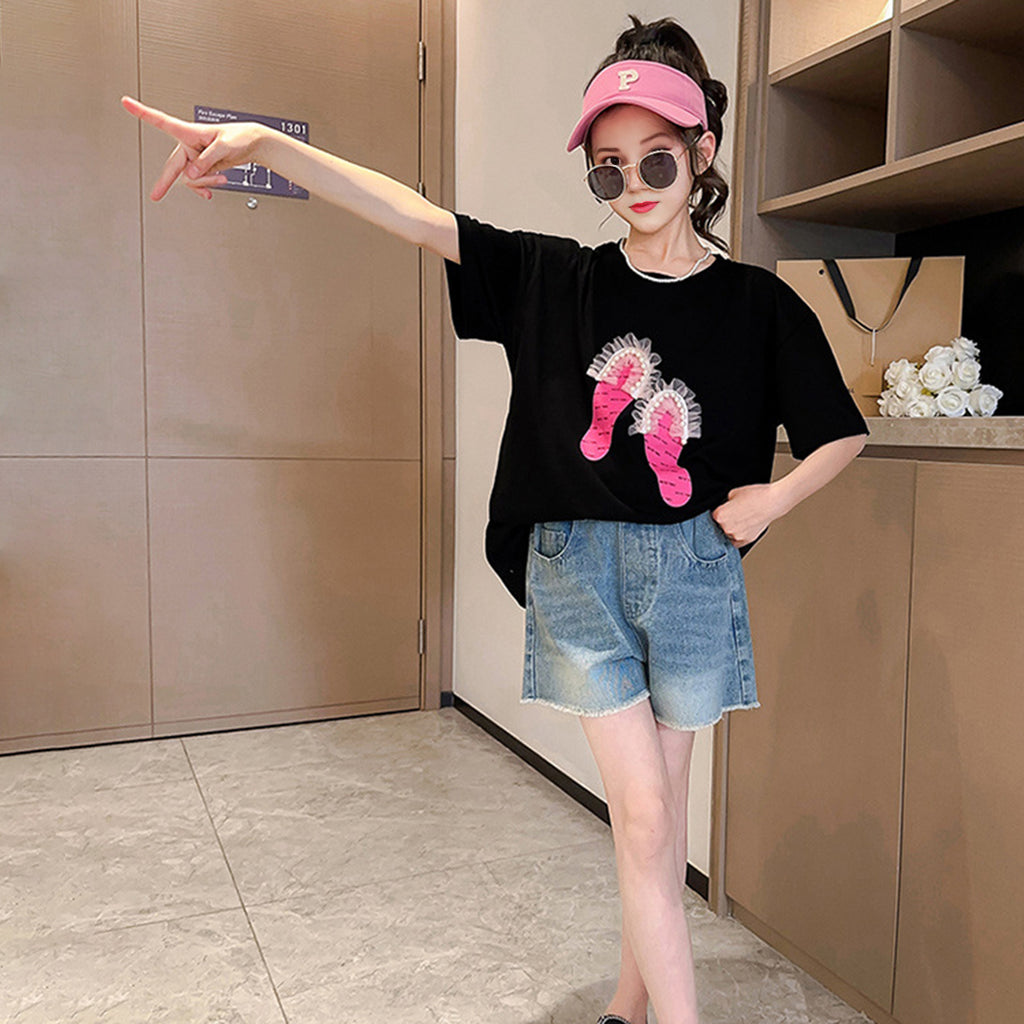 Girls Black Printed Short Sleeves T-Shirt Tshirts Black 3-4 Y 