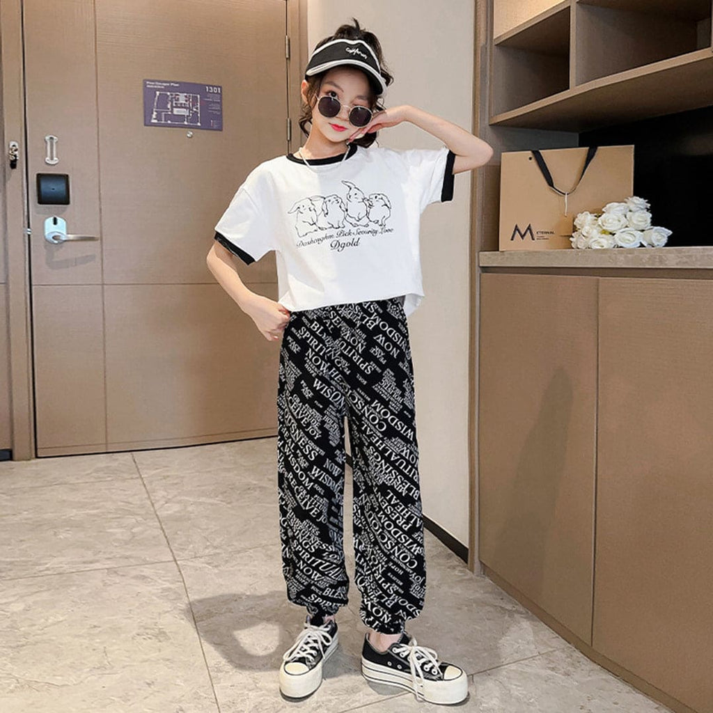 Girls Short Sleeve Graphic T-Shirt With Printed Pants Set Sets White 4-5 Y 