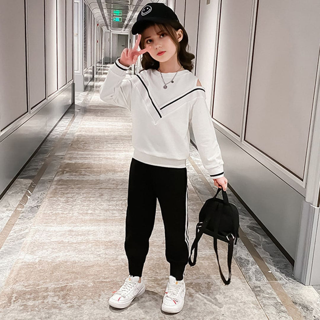 Girls White Cold Shoulder Jumper with Trackpants Set Sets White 3-4 Y 