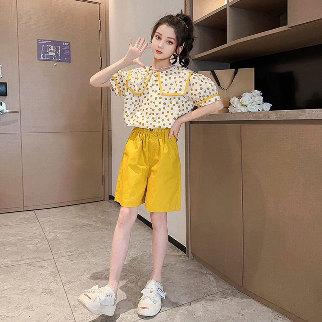Girls Polka Dot Print Puff Sleeves Top With Shorts Set Sets Yellow 3-4 Y 