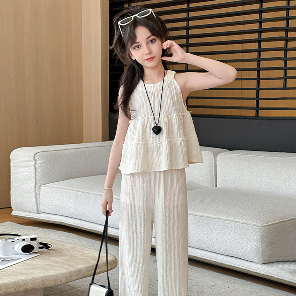 Girls Beige A-line Sleeveless Top With Wide Leg Pants Sets Beige 3-4 Y 