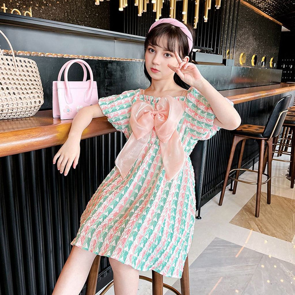 Girls Pink Textured Bow Applique Puff Sleeves Casual Dress Casual Dresses Pink 4-5 Y 