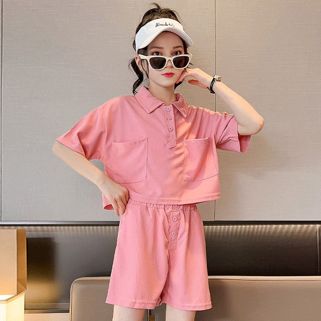Girls Pink Knitted Polo Crop T-shirt with Shorts Set Sets Pink 3-4 Y 