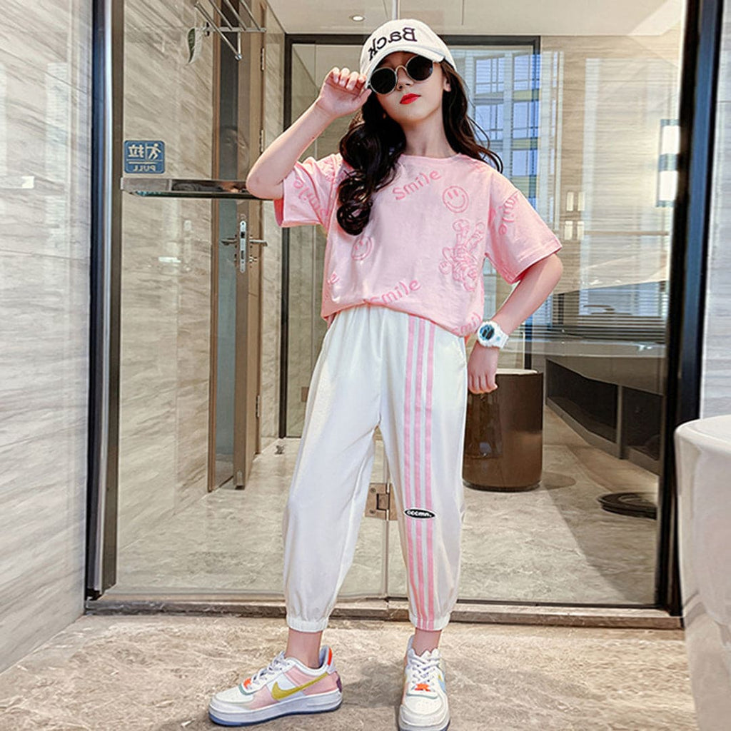 Girls Pink Smiley Print Short Sleeves T-Shirt With Joggers Set Sets Pink 3-4 Y 
