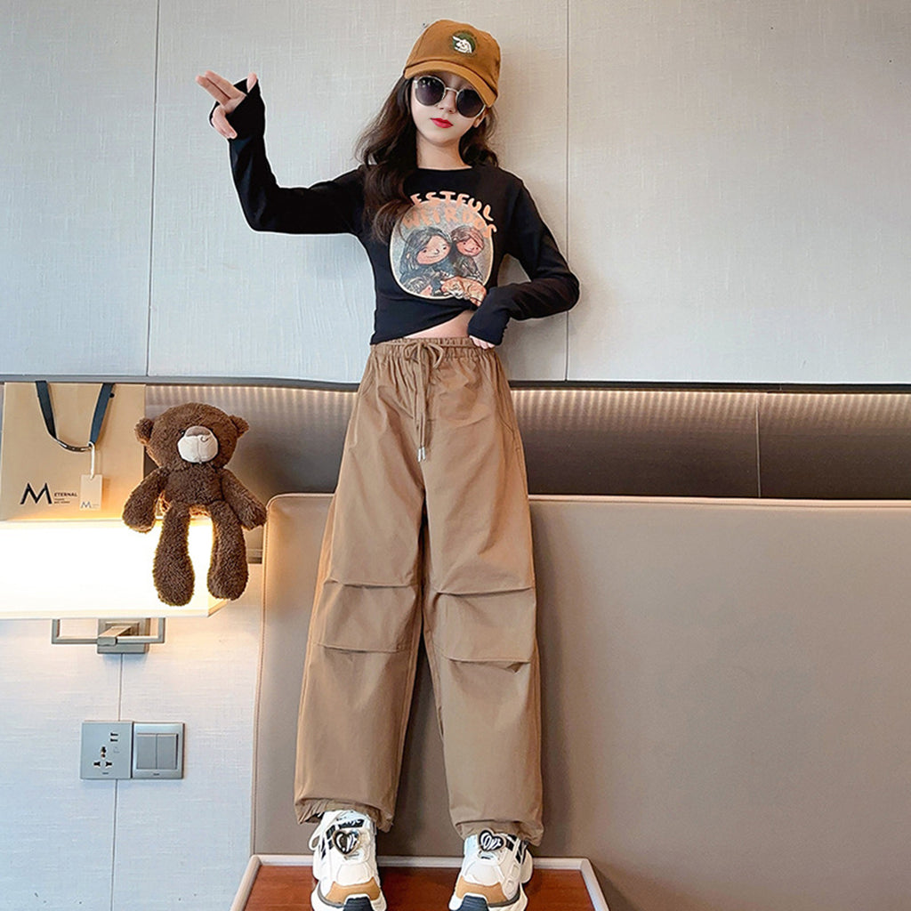 Girls Black Graphics Print Long Sleeves T-Shirt Tshirts Black 4-5 Y 