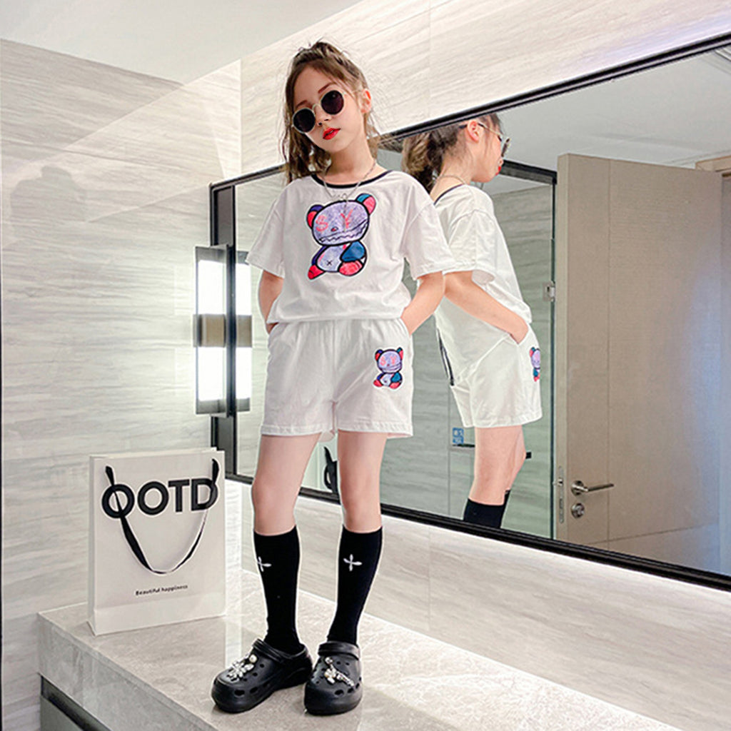 Girls White Short Sleeve Graphic T-Shirt With Shorts Set Sets White 4-5 Y 