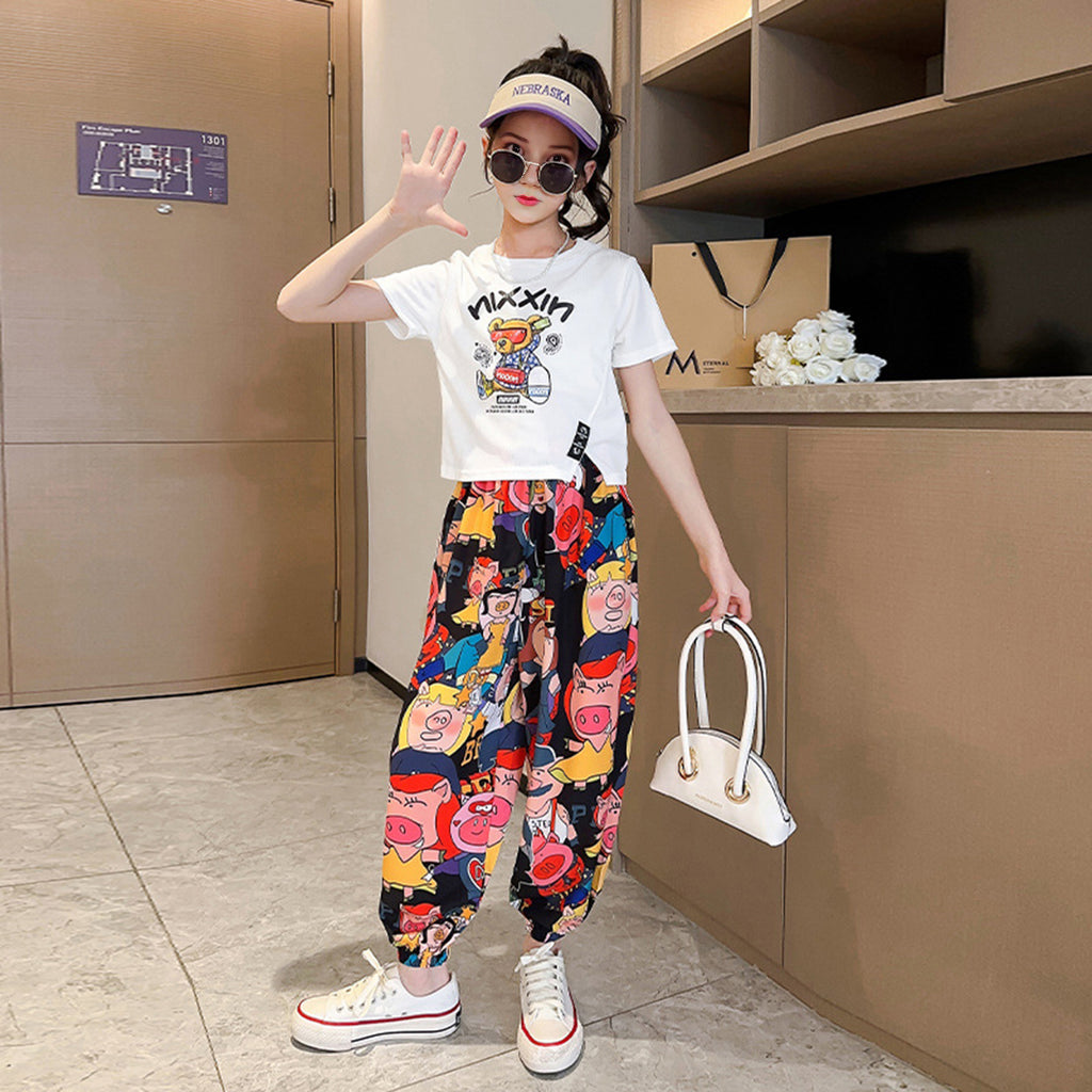Girls Short Sleeve T-Shirt With Printed Pants Set Sets White 4-5 Y 