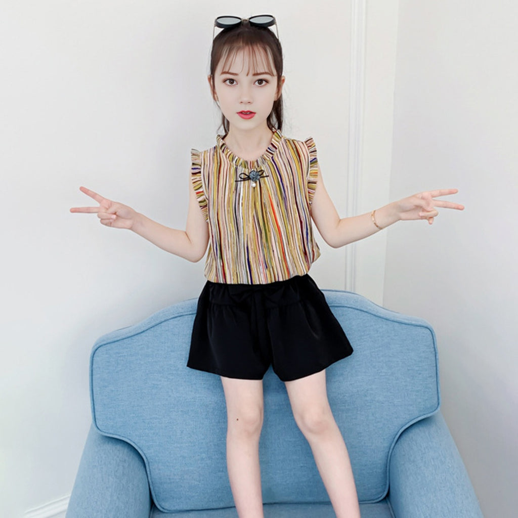 Girls Yellow Striped Top with Shorts Set Sets Yellow 3-4 Y 