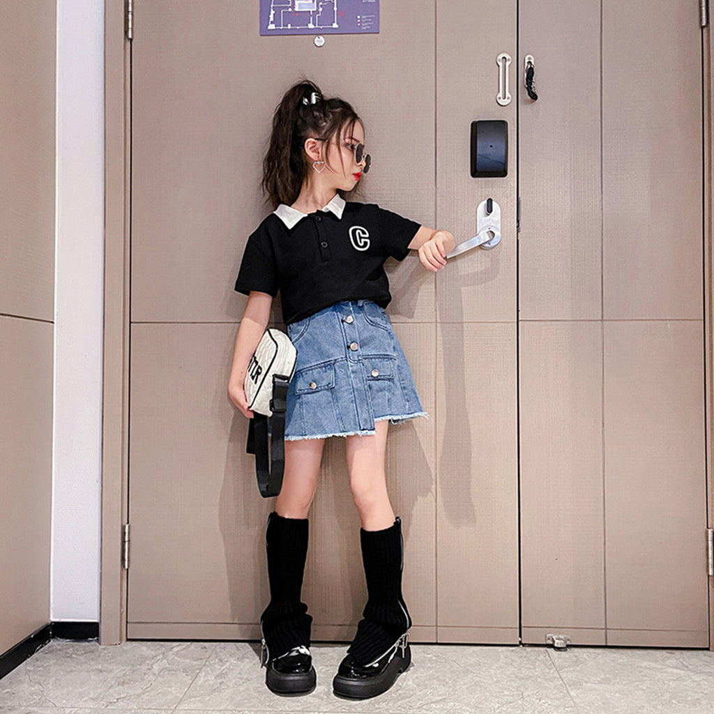 Girls Polo T-shirt with Denim Skirt Set Sets Black 3-4 Y 