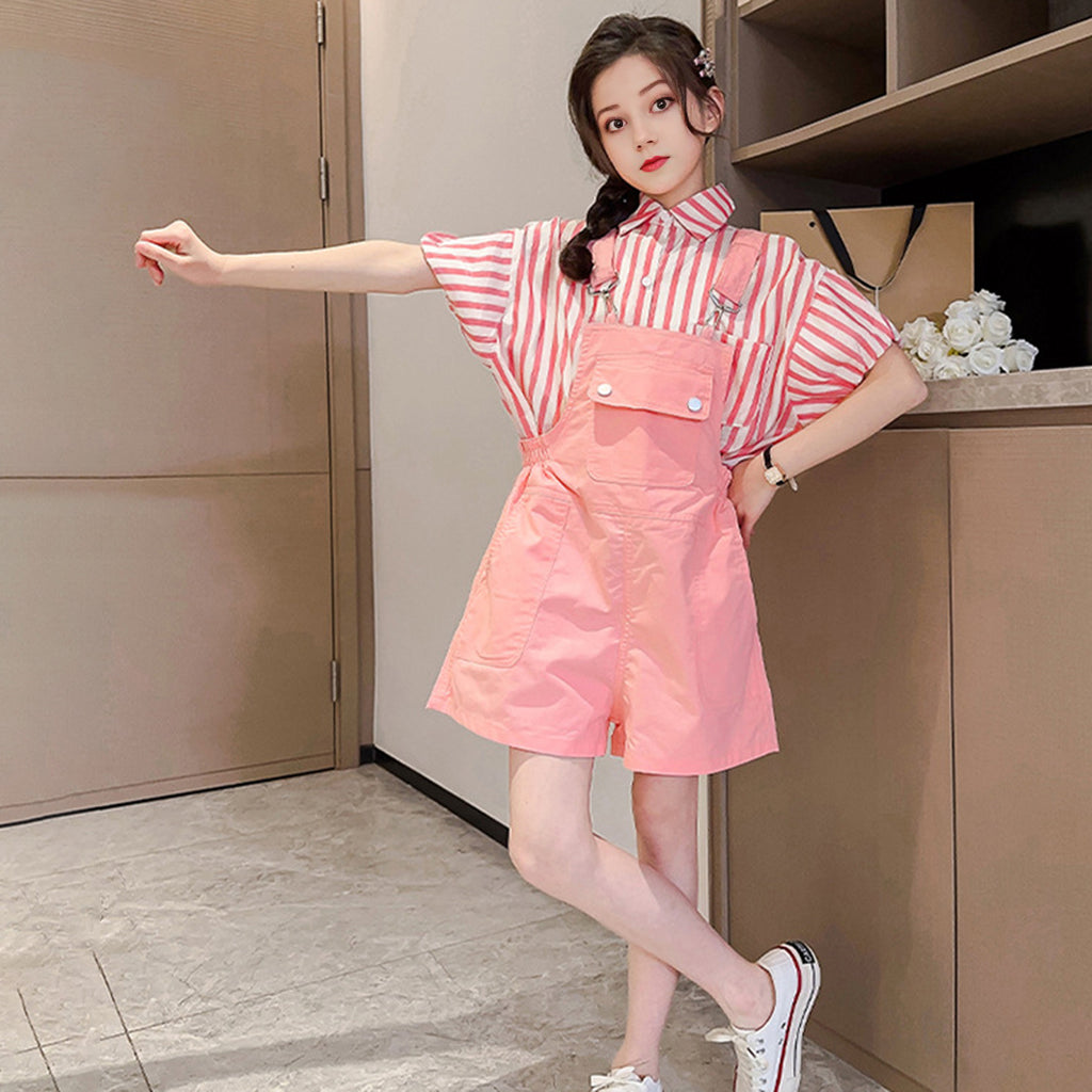 Girls Striped Shirt with Dungaree Set Sets Pink 3-4 Y 