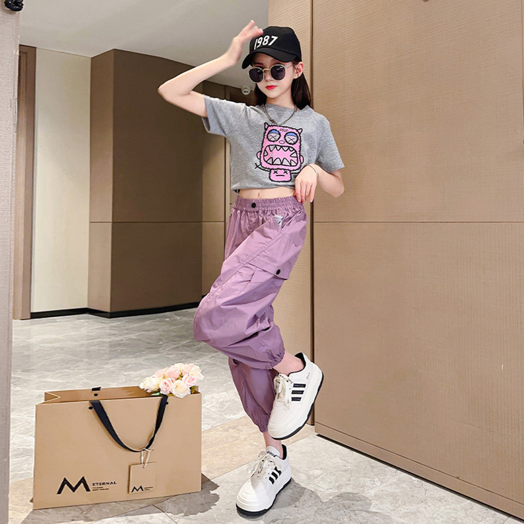 Girls Monster Print Short Sleeves T-Shirt With Jogger Set Sets Grey 3-4 Y 