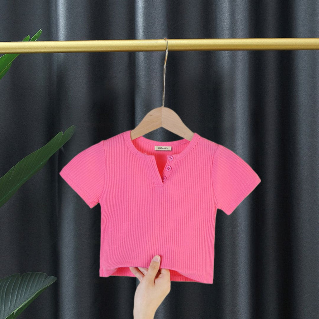 Girls Pink Knitted Short Sleeves Top Tops Red 3-4 Y 