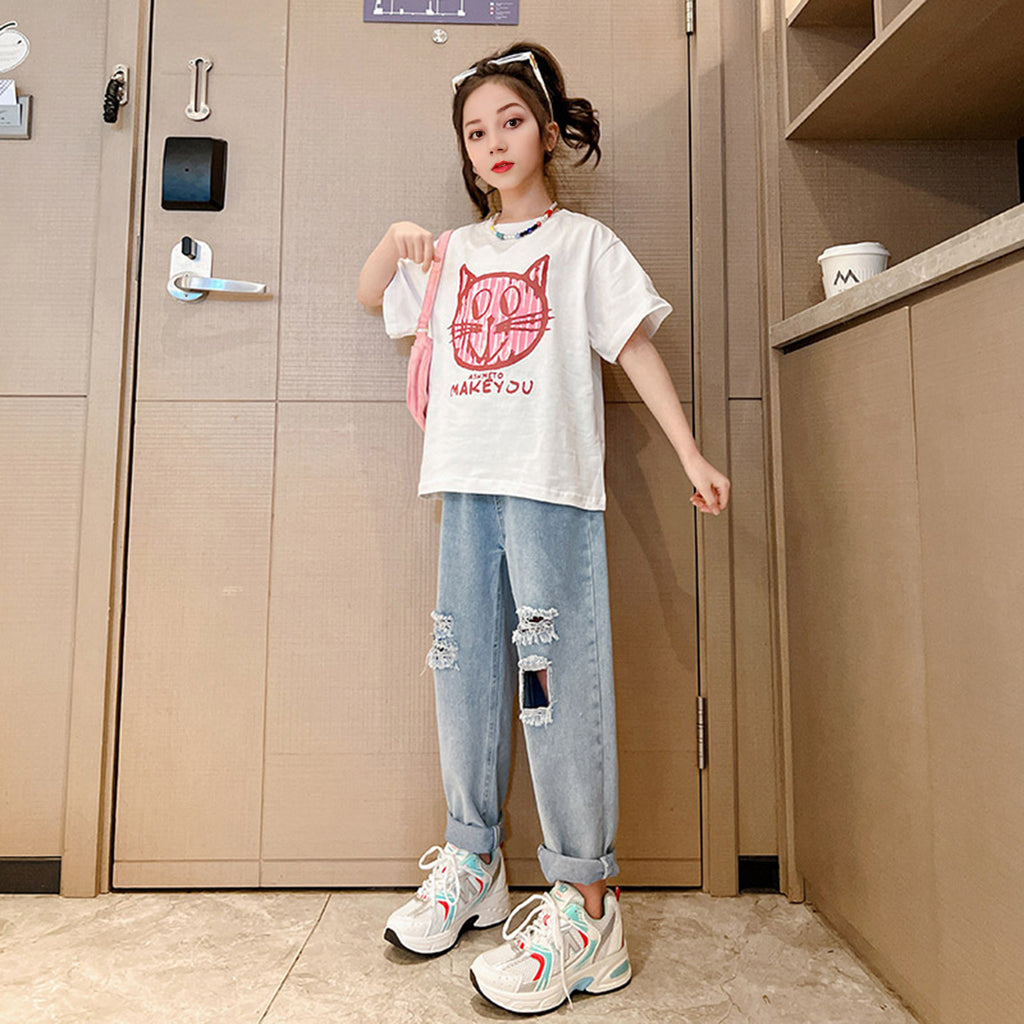 Girls White Short Sleeve Cat Graphic T-Shirt Tshirts White 4-5 Y 