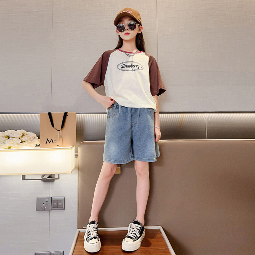 Girls Beige Colorblocked Raglan Sleeves T-shirt Sets Beige 4-5 Y 