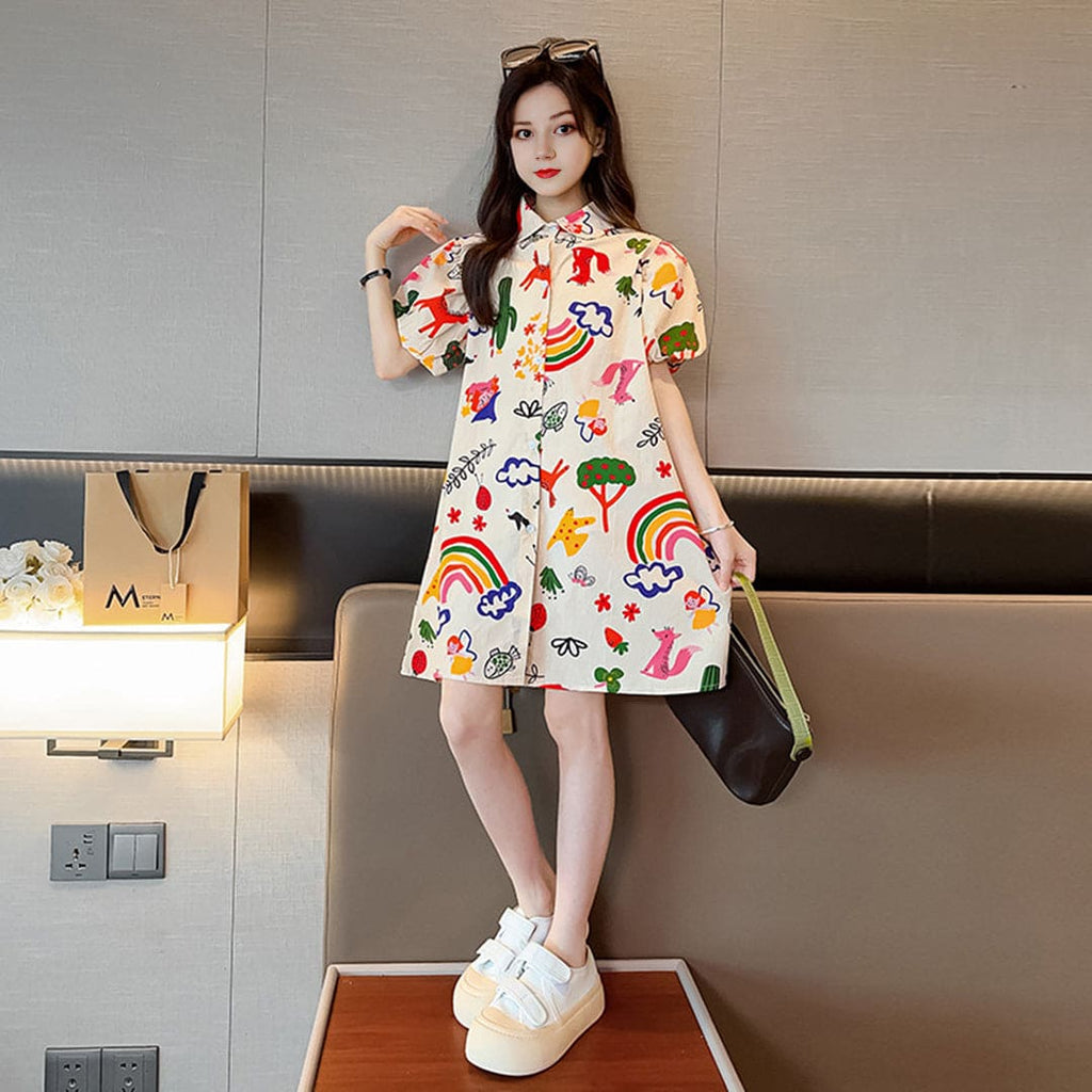 Girls Short Sleeve Printed Shirt Collar Dress Casual Dresses Yellow 4-5 Y 