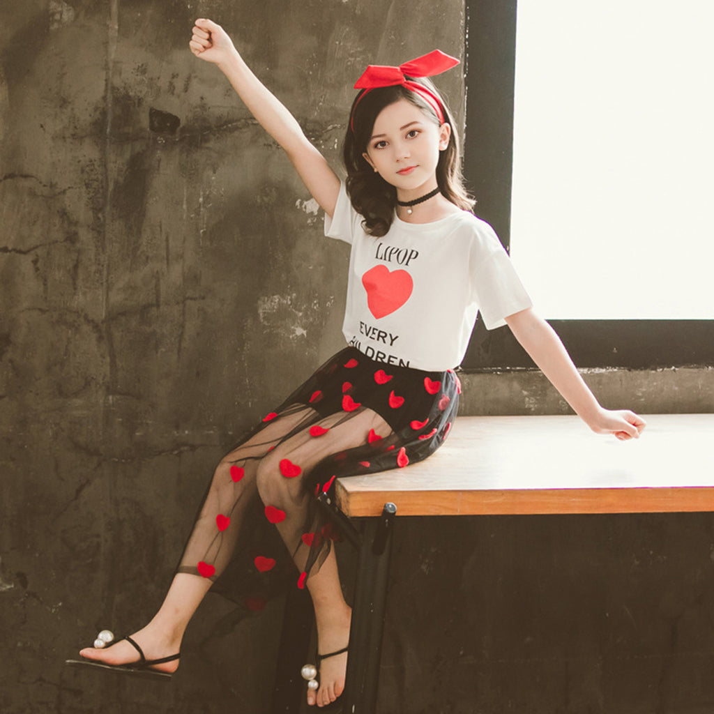 Girls White Short Sleeve Heart Print T-Shirt With Skirt set Sets White 4-5 Y 