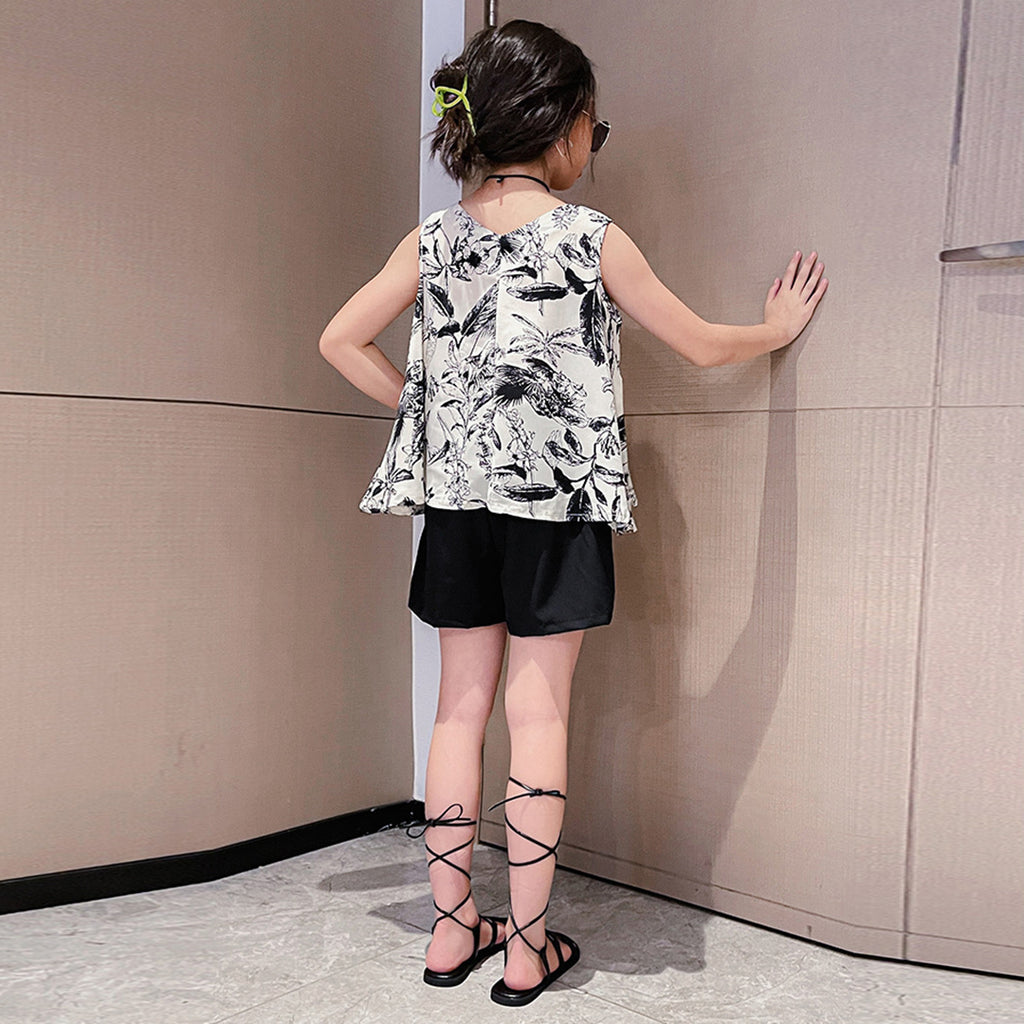 Girls Tropical Printed Top with Shorts Set Sets Black 3-4 Y 