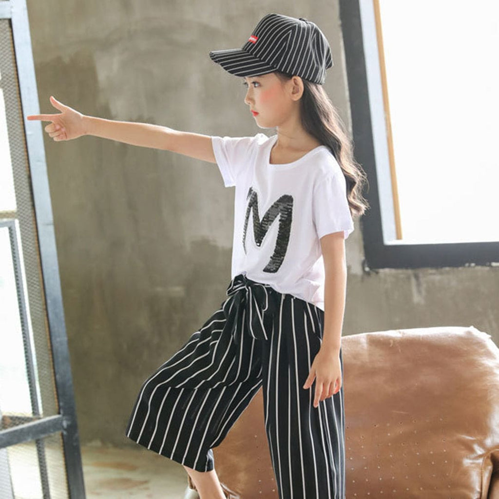 Girls Embellished T-shirt with Striped Capris Set Sets White 3-4 Y 
