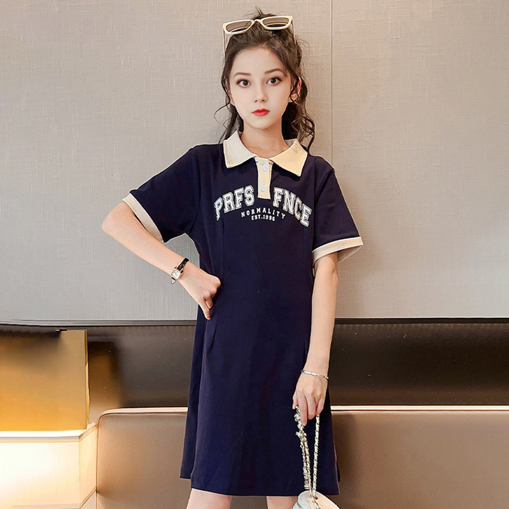 Girls Short Sleeves A-line T-Shirt Dress Casual Dresses Blue 4-5 Y 
