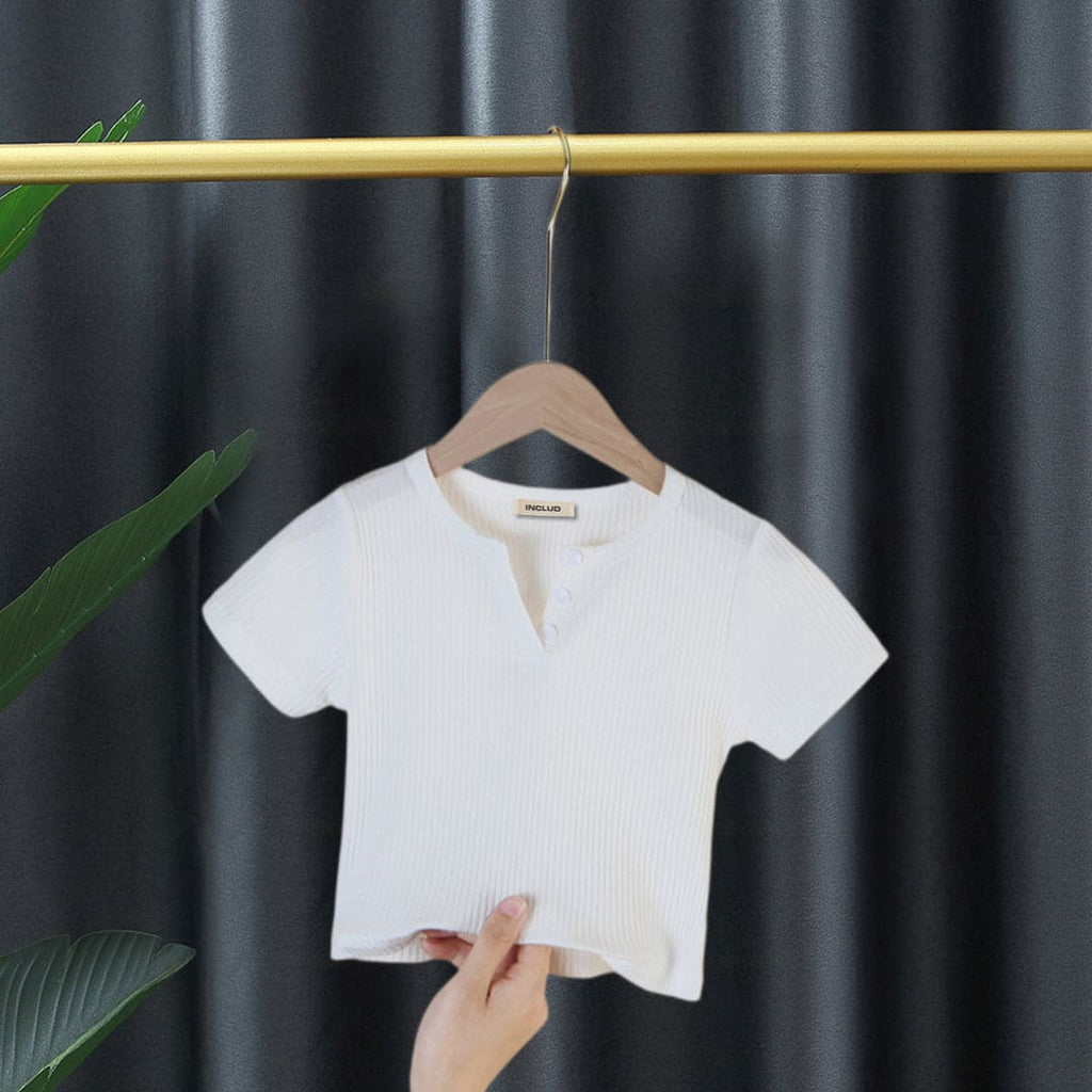 Girls White Knitted Short Sleeves Top Tops White 3-4 Y 