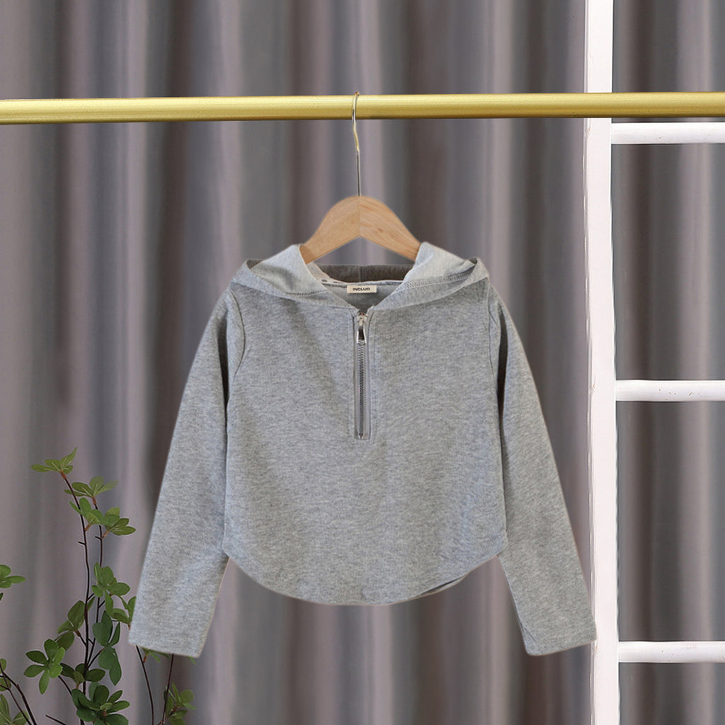 Girls Grey Knitted Full Sleeves Hooded Top Tops Gray 3-4 Y 