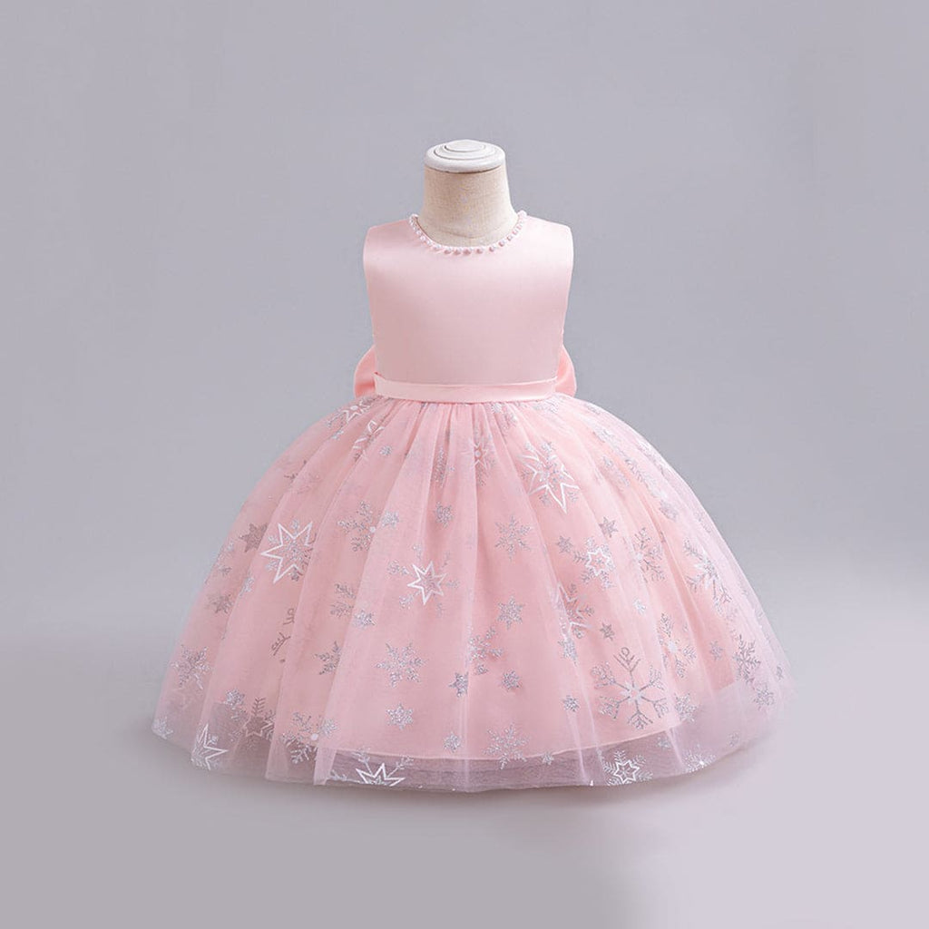 Girls Pink Pearl Neckline Tutu Partywear Dress With Back Bow Party Dresses Pink 1-2 Y 