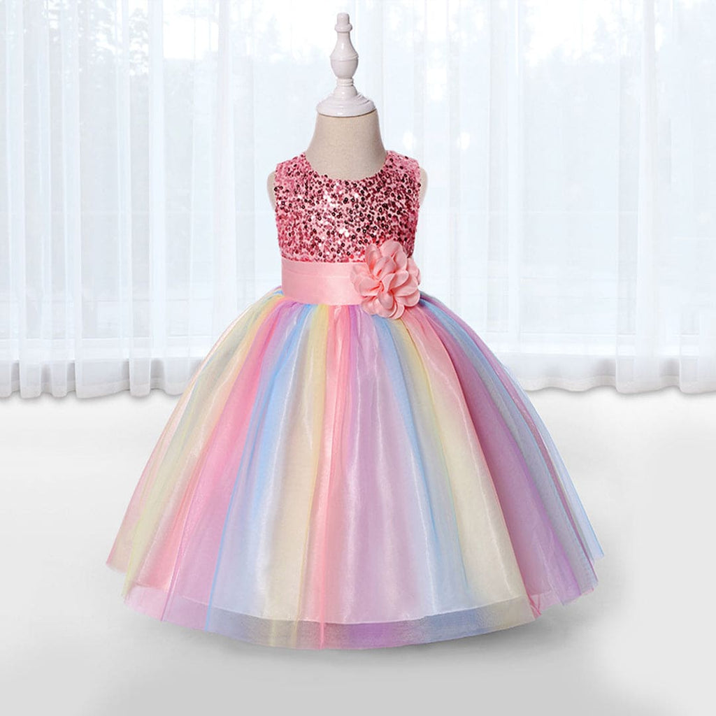 Girls Pink Flower Mesh Sequined Partywear Dress Party Dresses Pink 3-4 Y 