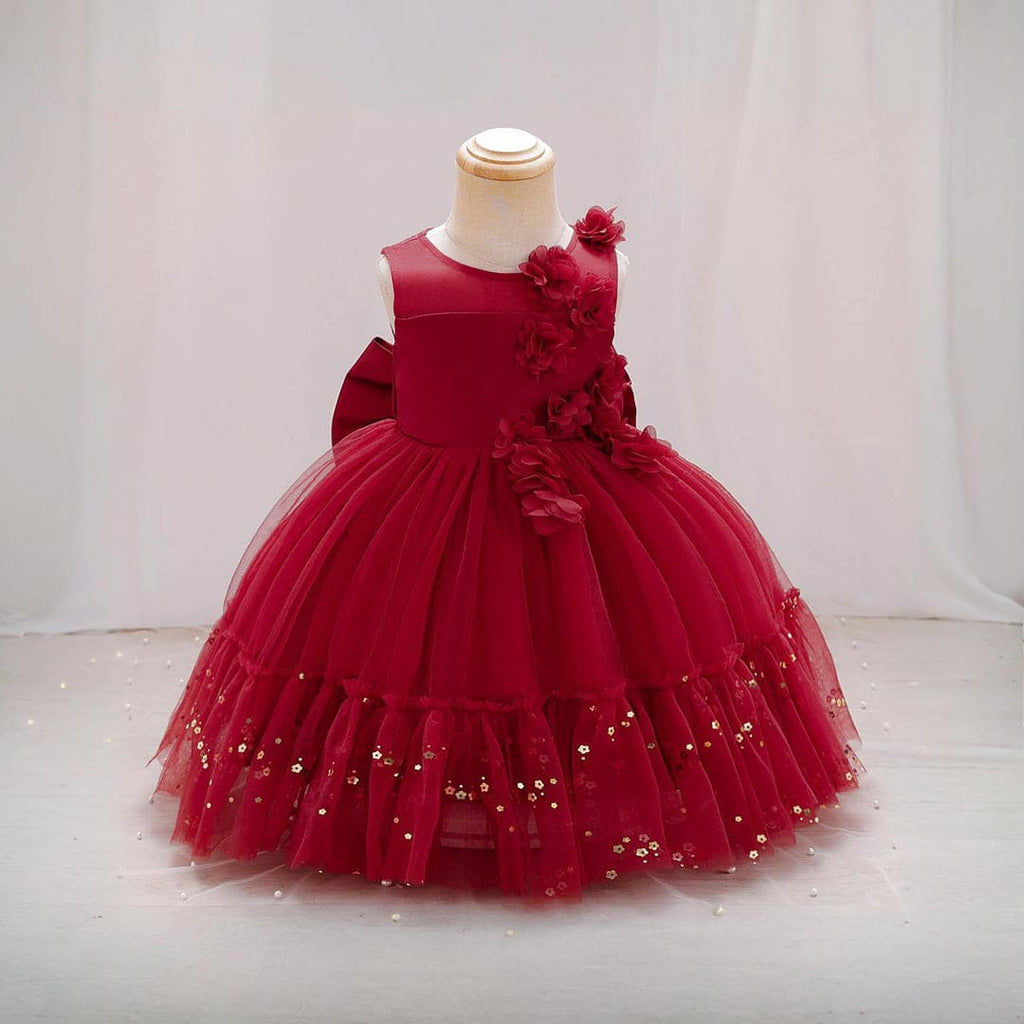 Girls Red Flower Embellished Birthday Partywear Dress with Back Bow Party Dresses Red 1-2 Y 