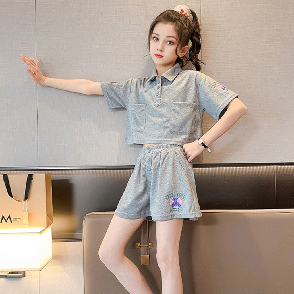 Girls Grey Knitted Polo Crop T-shirt with Shorts Set Sets Gray 3-4 Y 