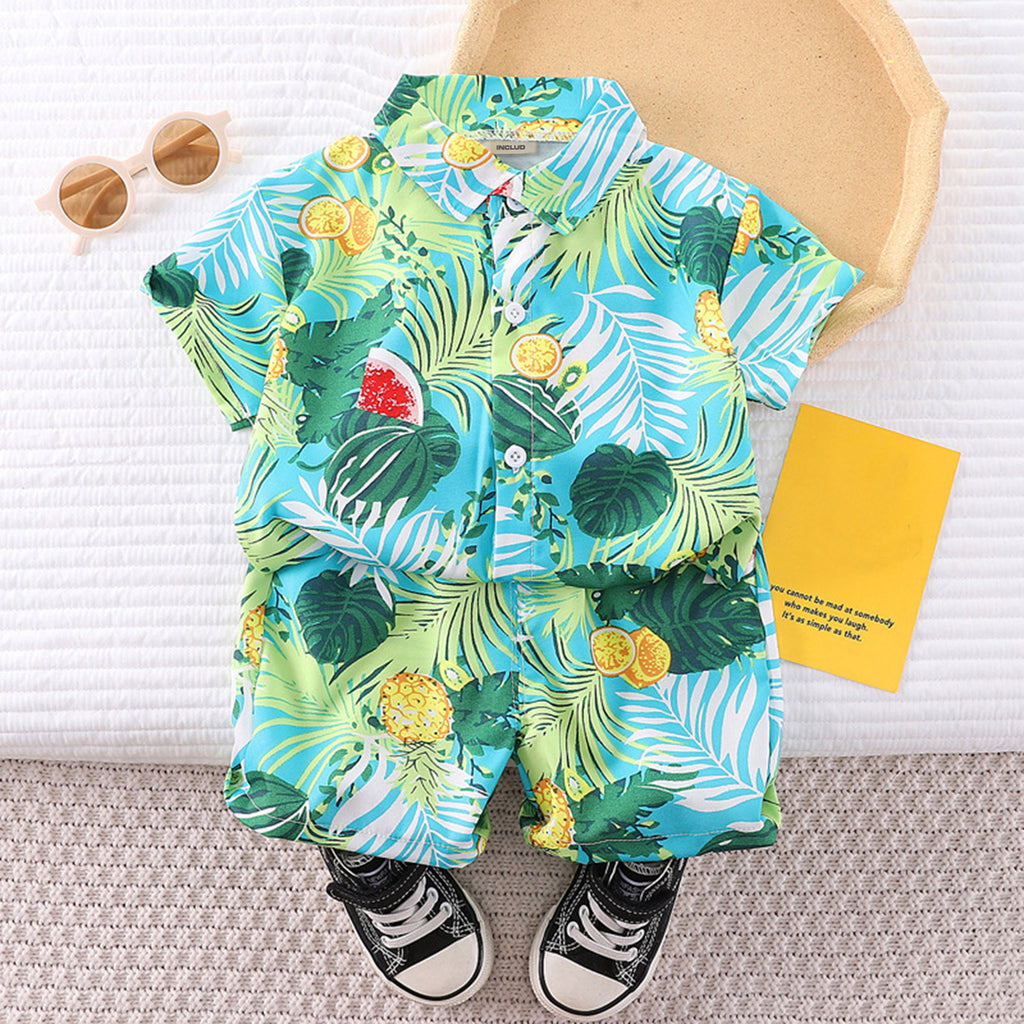 Boys Green Tropical Print Shirt With Shorts Set Sets Green 1-2 Y 