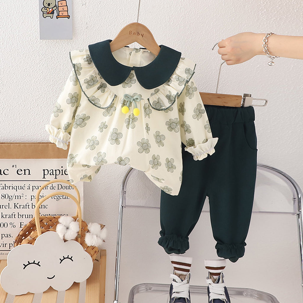 Girls Black Floral Print Peter Pan Collar Top With Trouser Set Sets Black 1-2 Y 