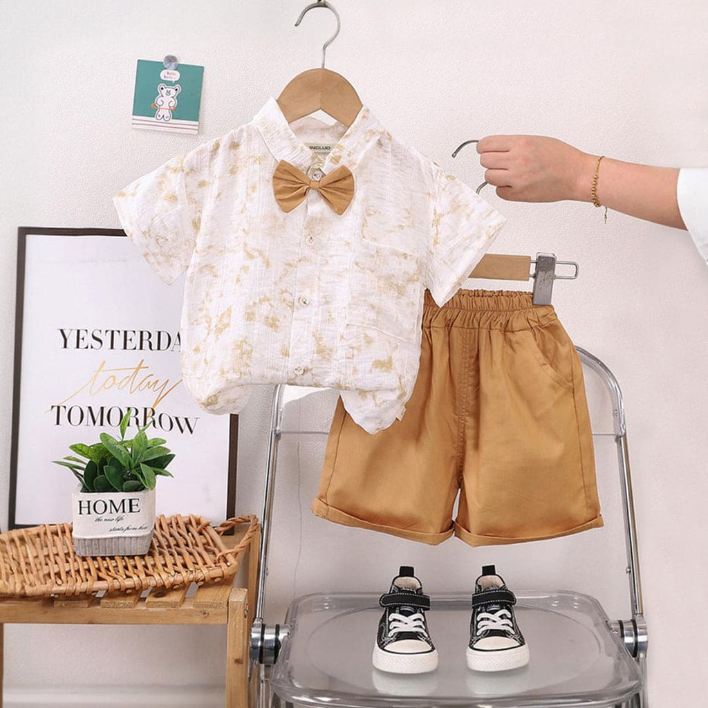 Boys Khaki Printed Shirt With Bow & Elasticated Shorts Set Sets Khaki 1-2 Y 
