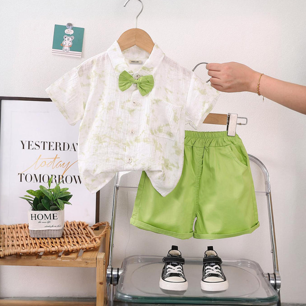Boys Green Printed Shirt With Bow & Elasticated Shorts Set Sets Green 1-2 Y 