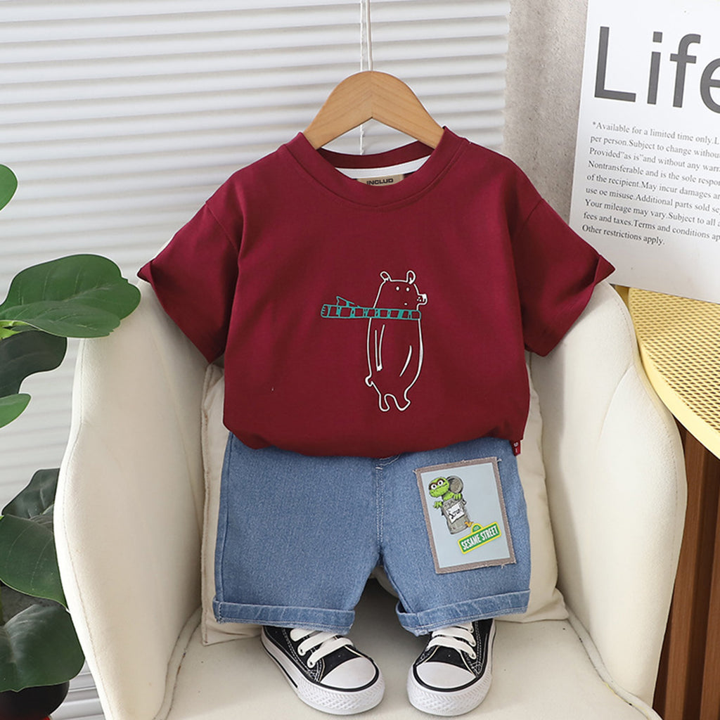 Boys Short Sleeve Graphic Red T-Shirt With Denim Shorts Set Sets Red 1-2 Y 