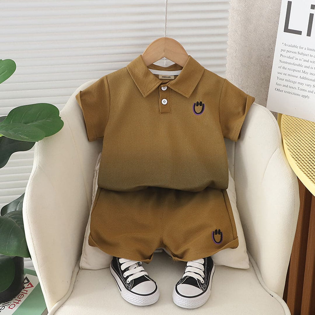 Boys Smiley Print Brown Short Sleeve Polo T-Shirt With Shorts Set Sets Brown 1-2 Y 