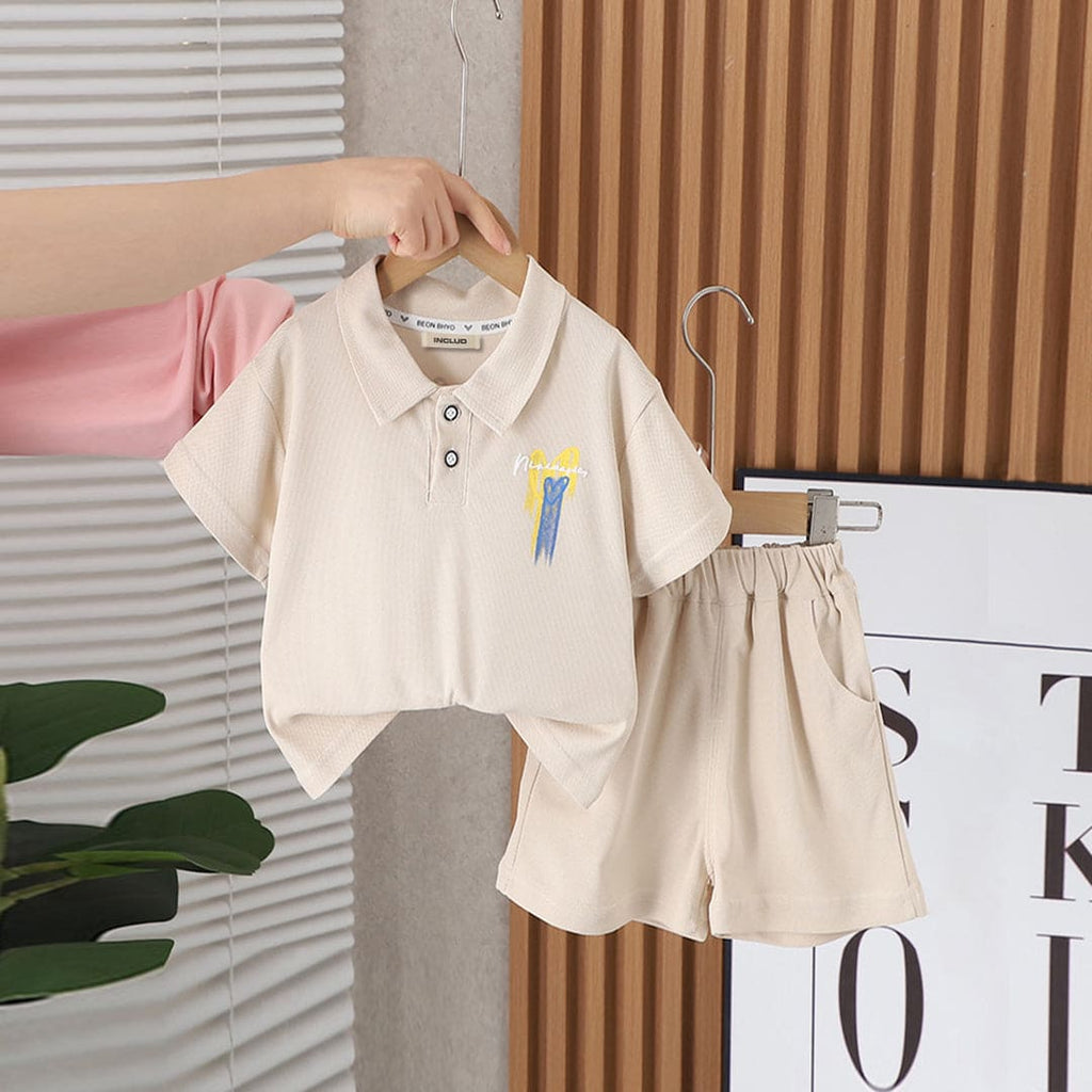Boys Beige Short Sleeves Polo T-Shirt With Shorts Set Sets Beige 1-2 Y 
