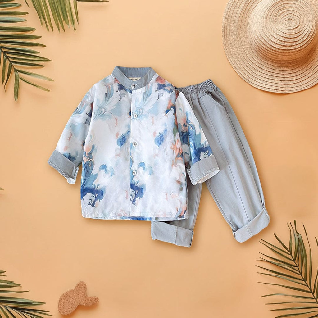 Boys Blue Printed Long Sleeves Shirt With Trouser Sets Blue 1-2 Y 