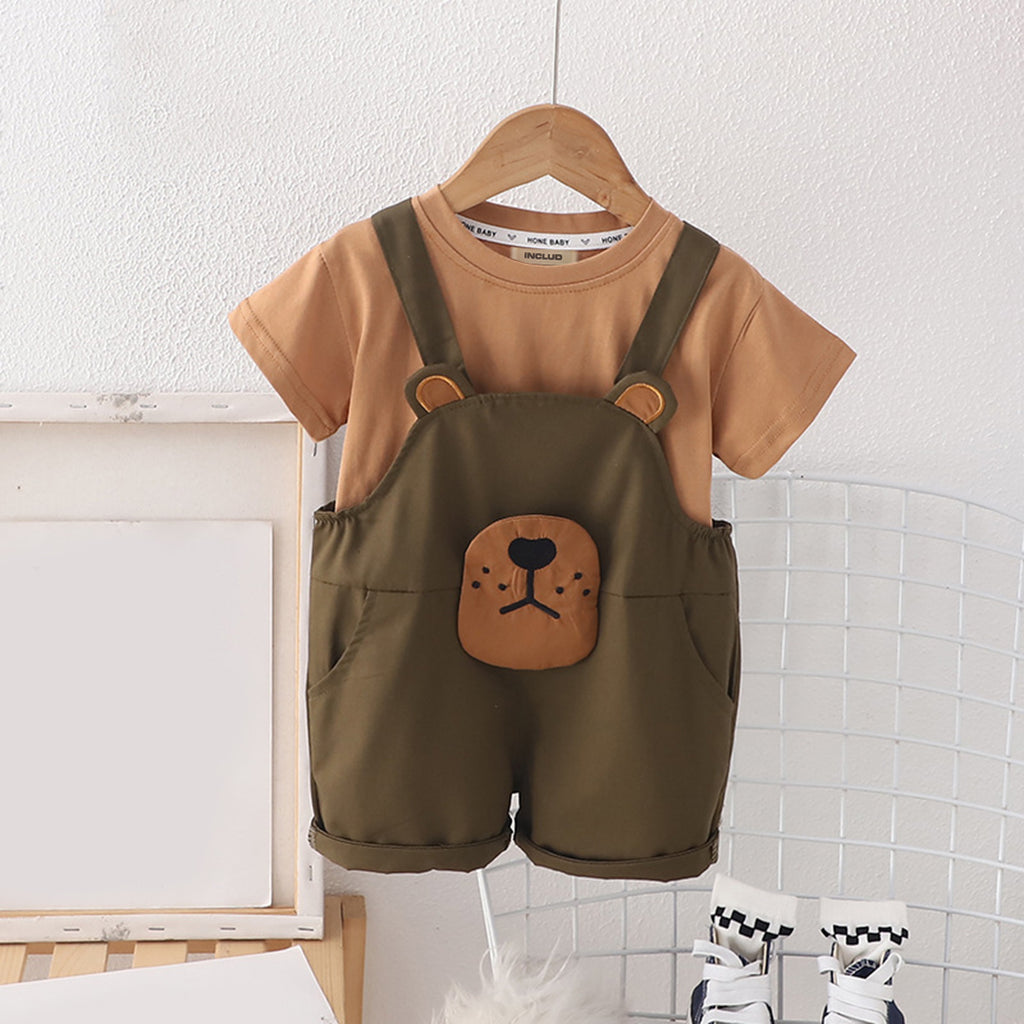 Boys Short Sleeve Light Brown T-Shirt With Bear Face Applique Dungaree Set Sets Light Brown 1-2 Y 