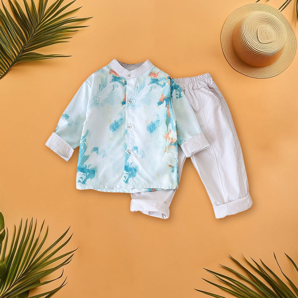 Boys Green Printed Long Sleeves Shirt With Trouser Set Sets Sea Green 1-2 Y 