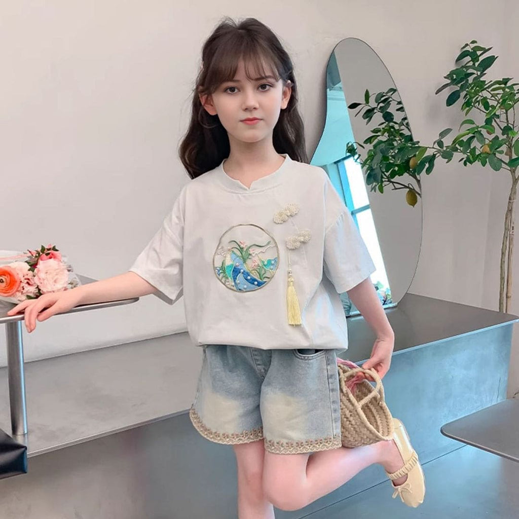 Girls Embroidered Light Green Top With Elasticated Denim Shorts Set Sets Green 6-7 Y 