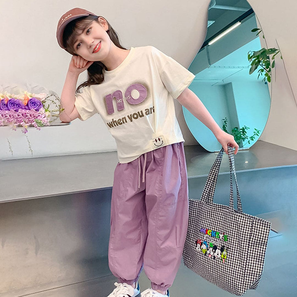 Girl Short Sleeve Printed Top With Jogger Set Sets Purple 6-7 Y 