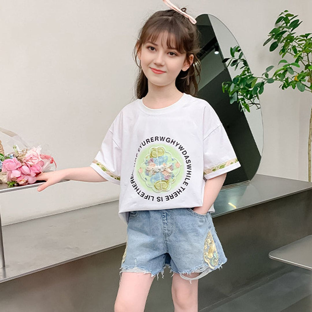 Girls Short Sleeved Floral Embroidered Trendy Summer Fashion Top Tops White 6-7 Y 