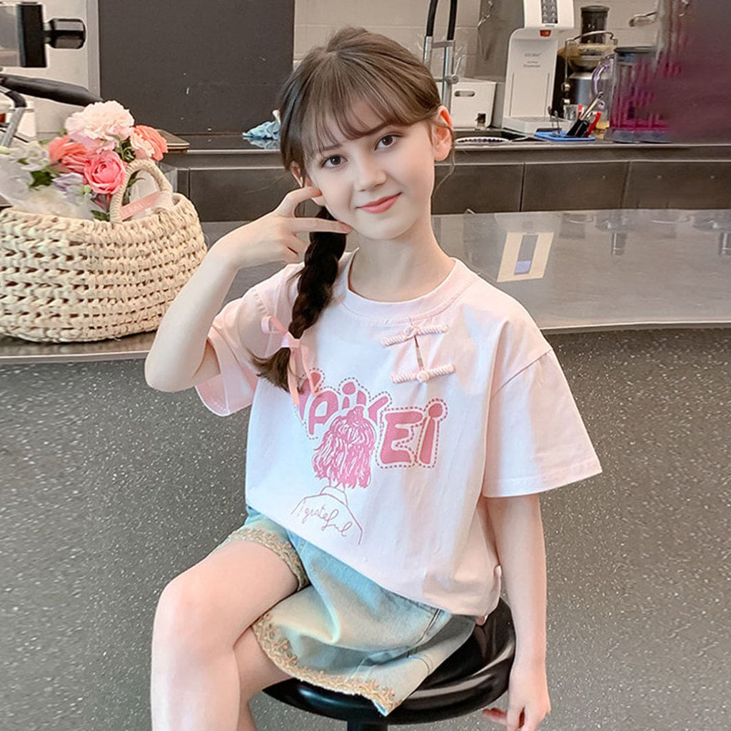 Girl Printed Top With Denim Short Set Sets Pink 6-7 Y 