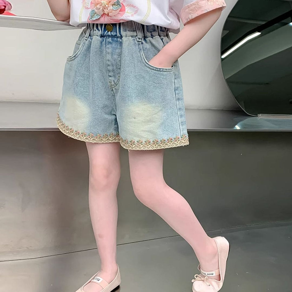 Girls Elasticated Denim Short With Applique Border Shorts Blue 6-7 Y 