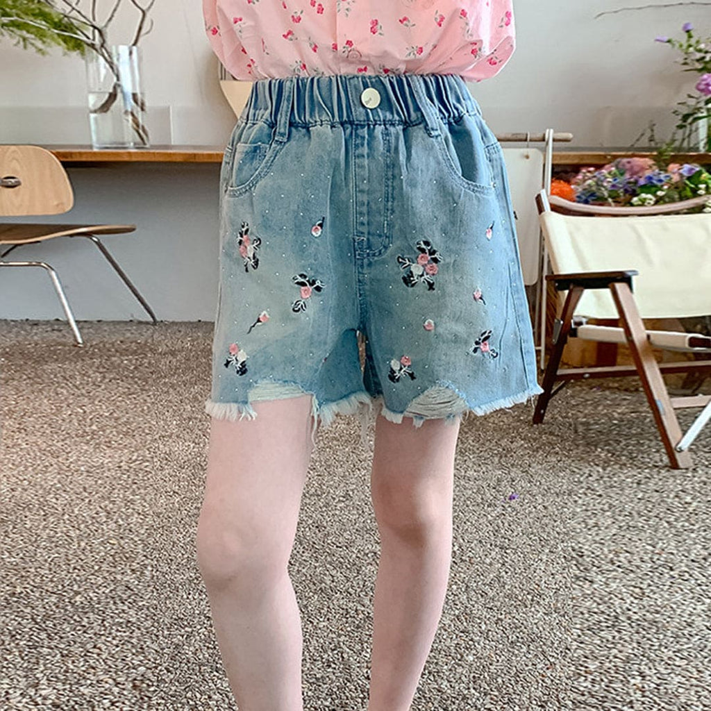Girls Elasticated Embroidered Denim Shorts with Frayed hem Shorts Blue 6-7 Y 