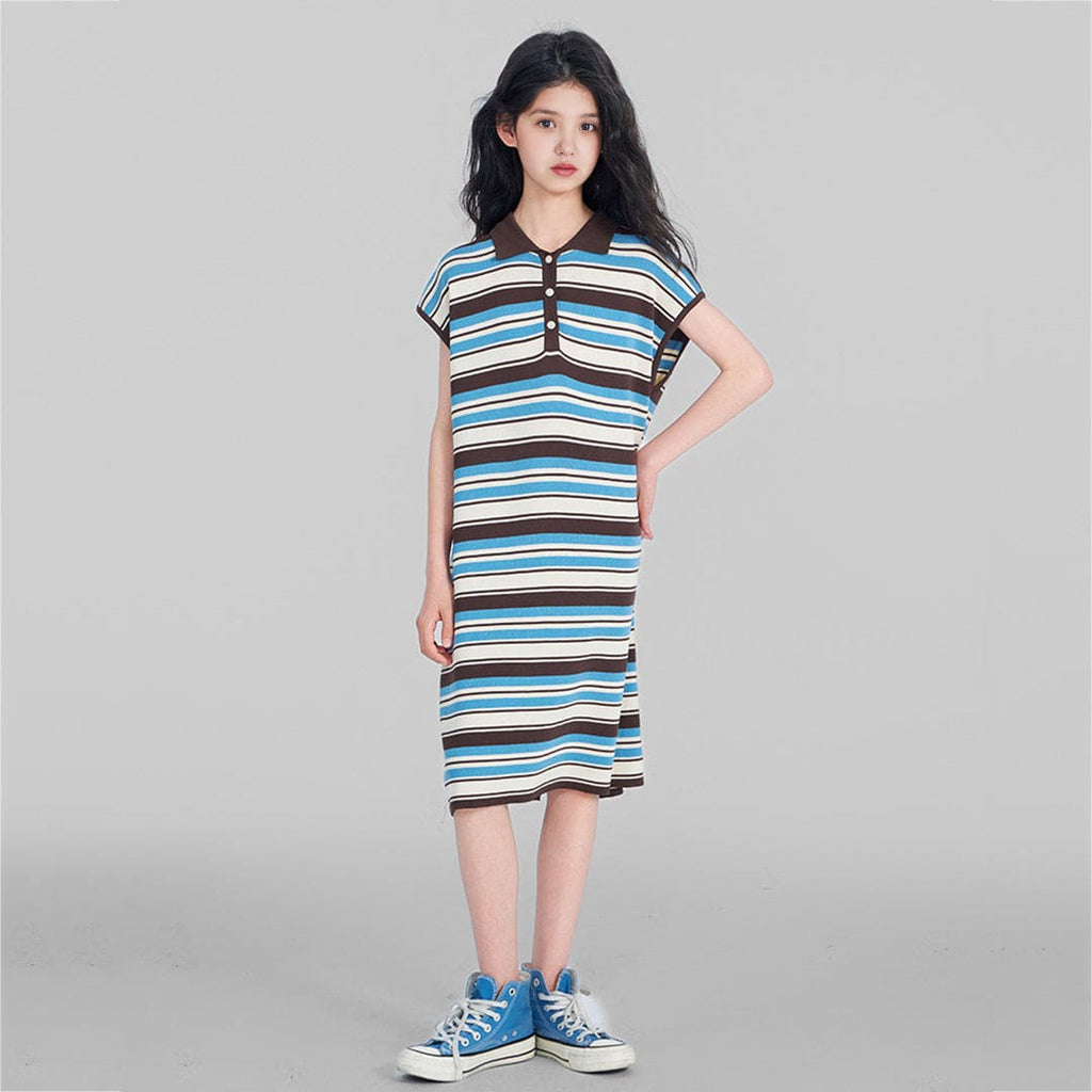 Girls Blue Striped Short Sleeves T-Shirt Dress Casual Dresses Blue 3-4 Y 