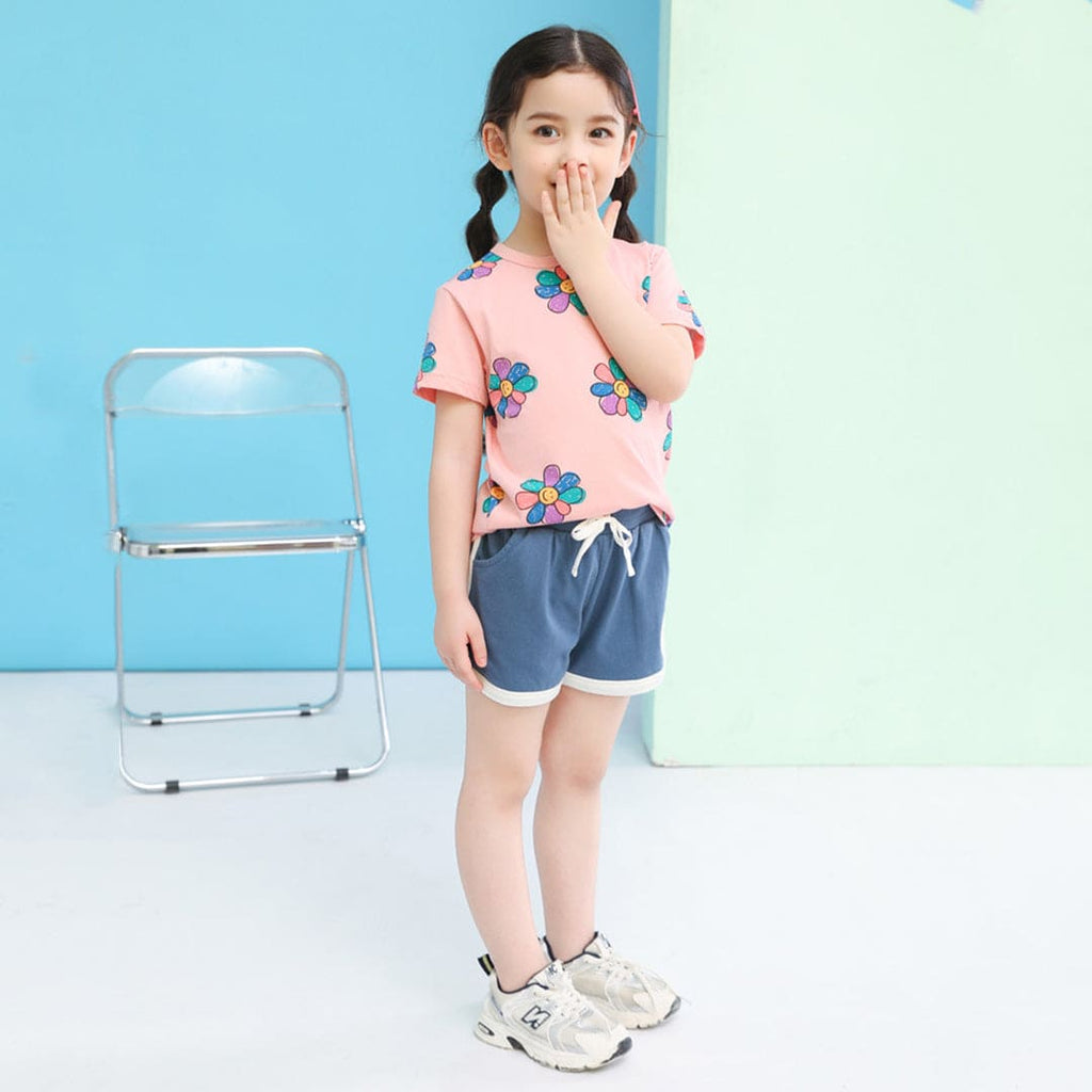 Girls Floral Print Short Sleeves T-Shirt Tshirts Pink 1-2 Y 